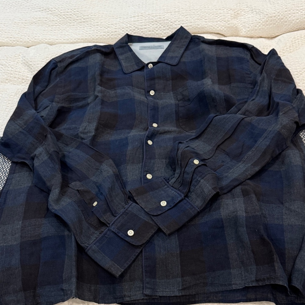 Men's Exquisite Blue Plaid Shirt By Officine Generale,100% Linen